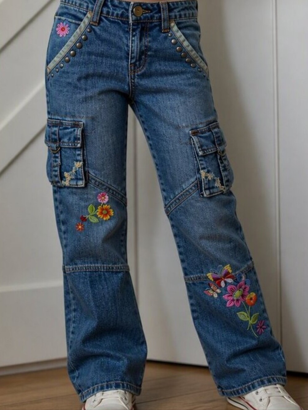 Cargo bootcut embroidered studded unique jeans